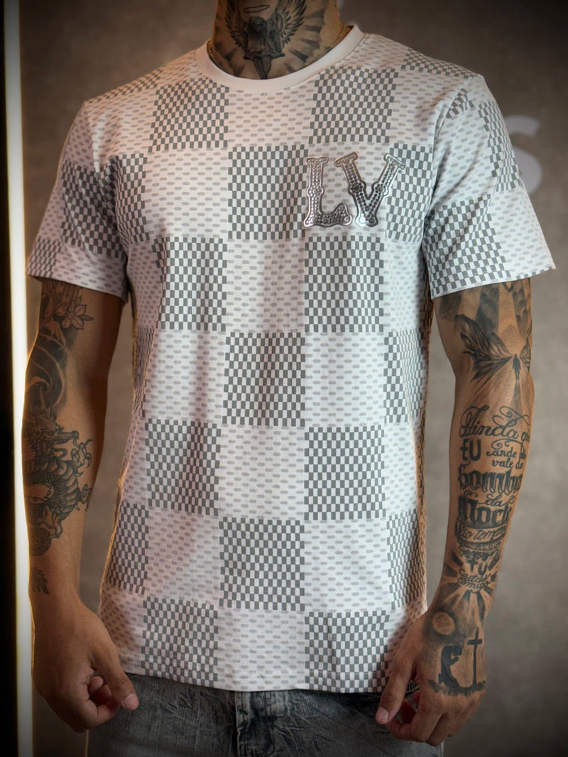 Camisa Lv Estampa Xadrez Simbolo Prata - Branca