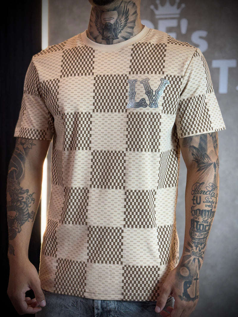 Camisa Lv Estampa Xadrez Simbolo Prata - Bege