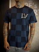 Camisa Lv Estampa Xadrez Simbolo Prata - Azul Marinho