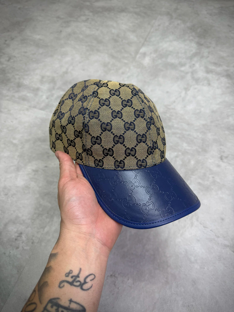 Boné Gucci Monogramado | Aba de couro Azul - BEGE